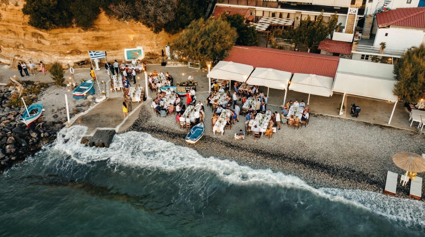 Guests at long tables on a pebble beach in the Peloponnese at dusk