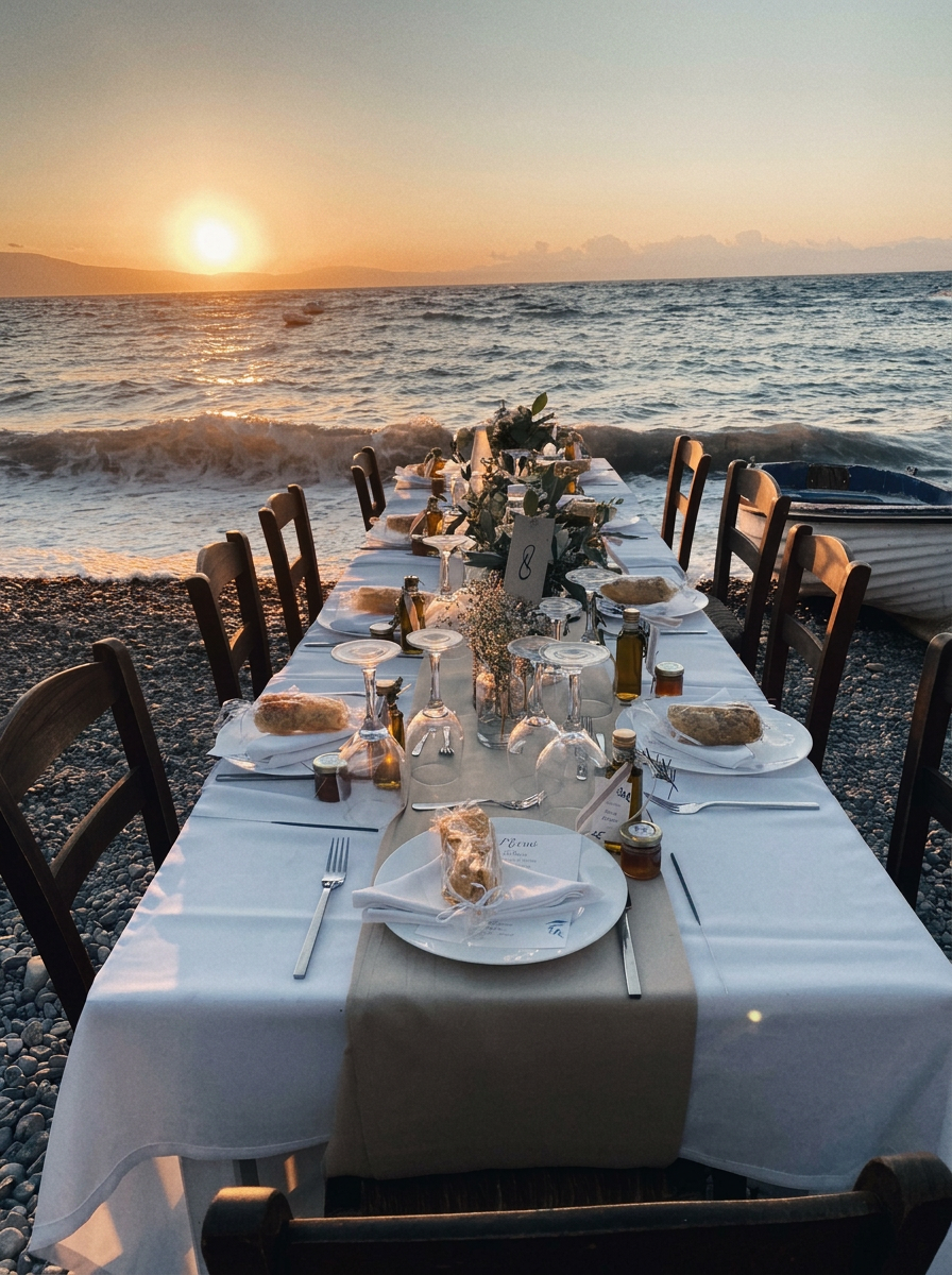 A long table set for dinner on the shore as the sun sets over the Messenian Gulf