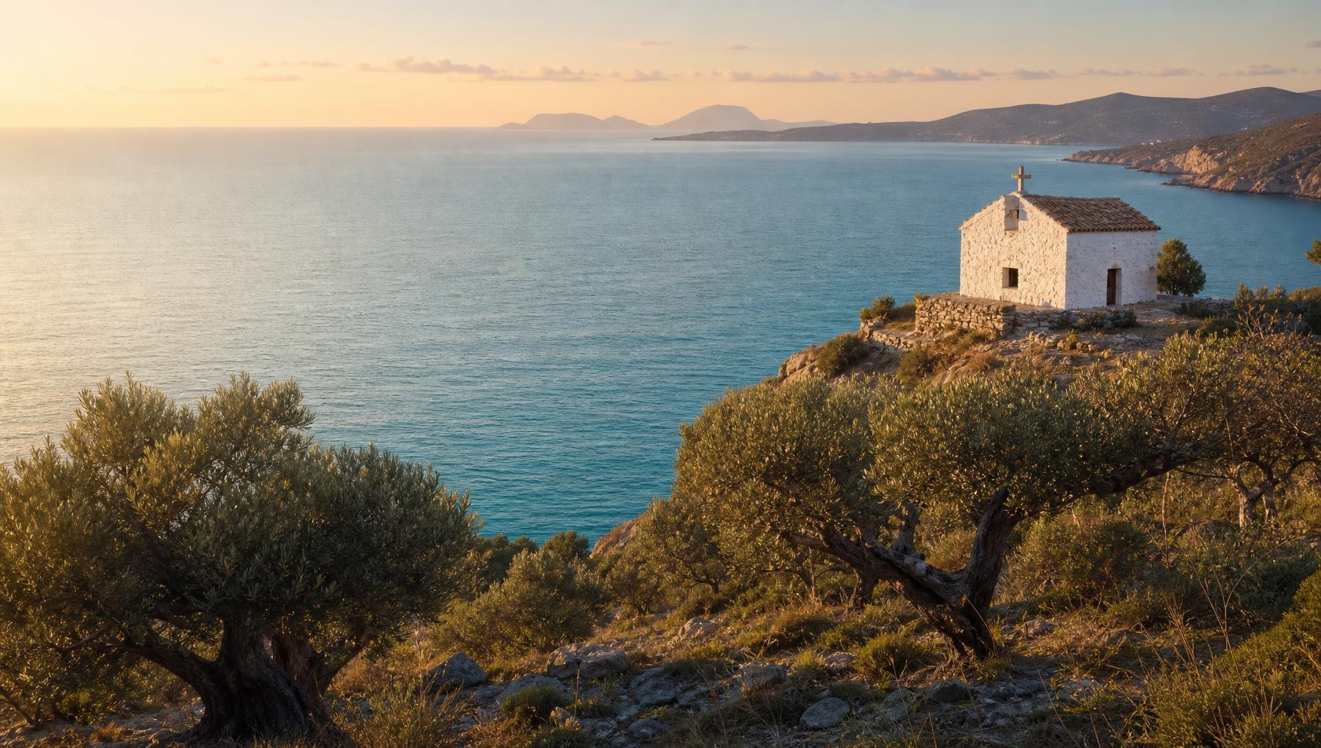 Open Peloponnese sea at golden hour, with a small stone chapel on a cliff and olive trees in the foreground